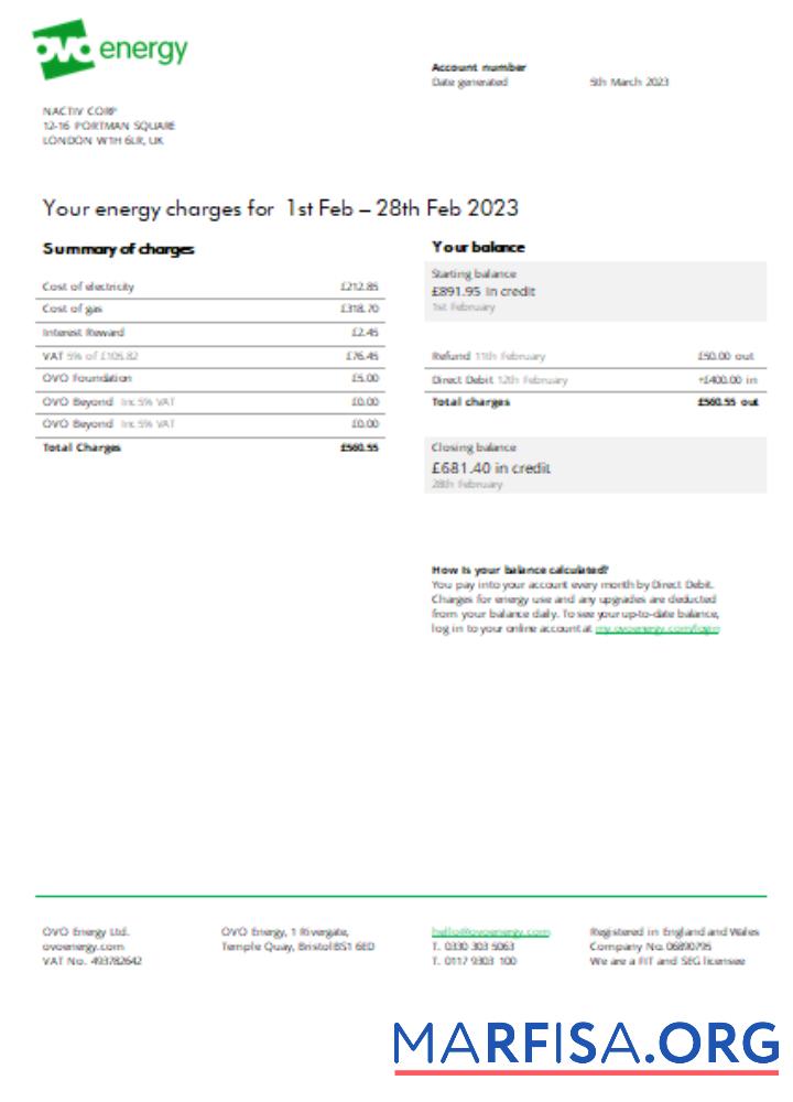 Downloadable Ovo Energy electricity business bill, SCR sample